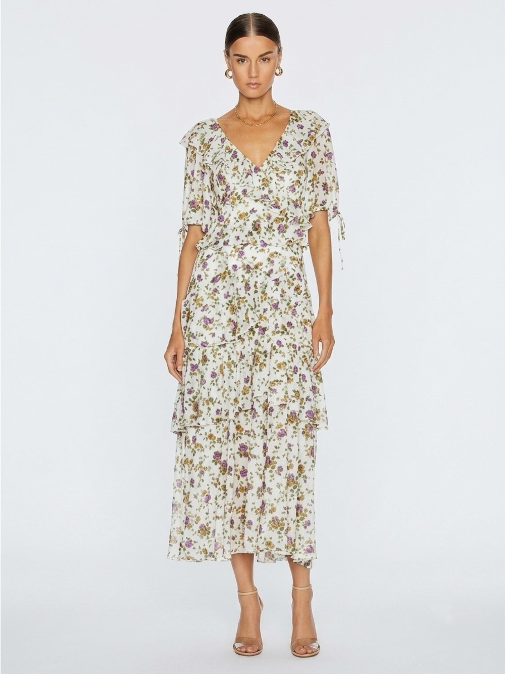 Marissa Webb White Floral V-Neck Tiered Midi Ruffle Cottagecore Dress Small